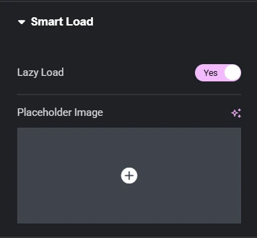 The image displays the Smart Load settings in the Elementor interface for the Custom iFrame plugin. The "Lazy Load" option is toggled to "Yes," enabling delayed iframe loading to improve performance. Below, the "Placeholder Image" section features a dark grey upload box with a large plus (+) icon in the center, prompting users to select a placeholder visual. These options help users optimize performance and user experience by enabling lazy loading while embedding iframe content.