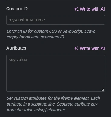 The image shows the Custom iFrame Pro plugin interface in Elementor, focusing on options to configure a unique ID and custom attributes for an iframe. The first section labeled "Custom ID" includes a text input pre-filled with “my-custom-iframe” and a note beneath explaining that the field is for applying custom CSS or JavaScript, with an auto-generated ID if left empty. The second section, titled "Attributes," contains a multiline input area with the placeholder “key|value,” accompanied by instructions to enter one attribute per line using the pipe symbol to separate the key and value. These settings provide granular control over iframe behavior and styling.