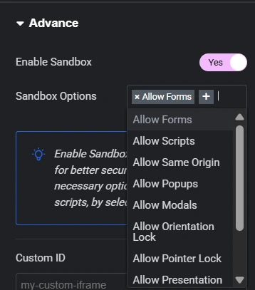 The image displays the Sandbox settings section of the Custom iFrame Pro plugin interface in Elementor. The "Enable Sandbox" option is toggled to "Yes," activating a list of granular permissions below. These include checkboxes for Allow Forms, Allow Scripts, Allow Same Origin, Allow Popups, Allow Modals, Allow Orientation Lock, Allow Pointer Lock, and Allow Presentation. A text field labeled "Custom ID" is also visible, populated with the value “my-custom-iframe.” These controls give users precise command over security and behavior of embedded iframe content.