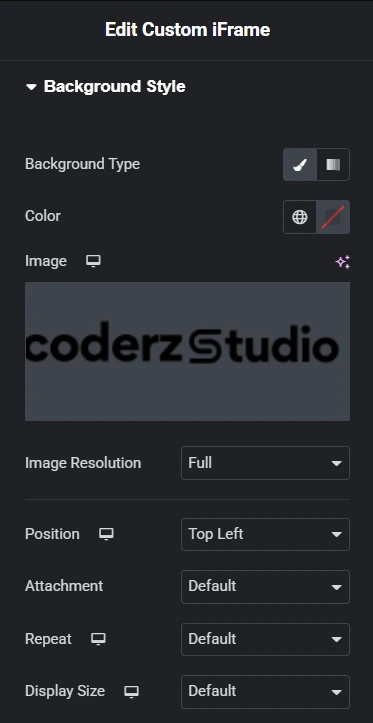 The image is a screenshot of a Elementor editor user interface of Custom iFrame/ It showcases options to style custom iFrame, including settings for background style, color, image resolution, position, attachment type, repeat functionality, and display size. The associated tags suggest it focuses on design elements in the context of text.