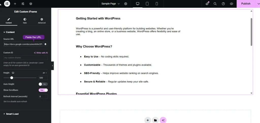 Interface screenshot demonstrating how to embed Google Docs in Elementor, showing customization options like source URL input, height settings, scrollbar controls, and a preview of Google Sheet in Elementor Editing page.