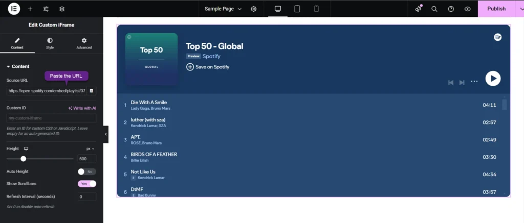Screenshot of the Elementor editing page showing how to Embed Spotify Playlist in Elementor, with options for source URL, height settings, scrollbar controls, and a live preview.