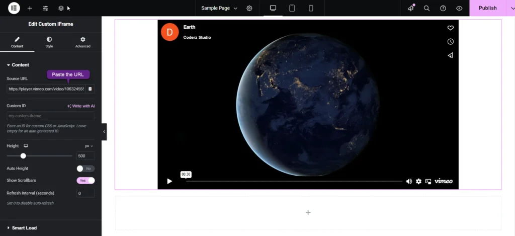 Embed Vimeo video in Elementor by pasting the video URL in the Custom iFrame plugin.