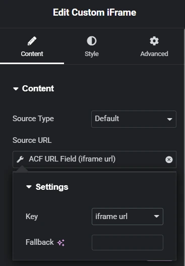 The image displays the "Edit Custom iFrame" settings in Elementor, configured for dynamic content integration. The Content tab is active, showcasing options for the Source Type set to "Default" and the Source URL linked to an ACF URL Field labeled "iframe url." Below, the Key field is assigned "iframe url," accompanied by an empty Fallback field. These settings optimize workflows for embedding dynamic ACF iFrames in Elementor, ensuring flexibility and seamless design integration.