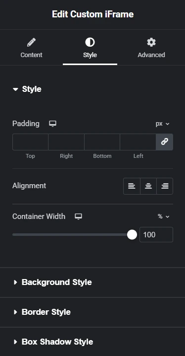 The image depicts the Elementor interface with the "Edit Custom iFrame" settings panel open. The Style tab is selected, showing configuration options for Padding (adjustable for Top, Right, Bottom, and Left in pixels), Alignment (with left, center, and right options), and Container Width set to 100%. There are expandable sections for Background Style, Border Style, and Box Shadow Style, offering customization for visual elements of the iframe. These settings help streamline the design process for embedding iFrames in Elementor.