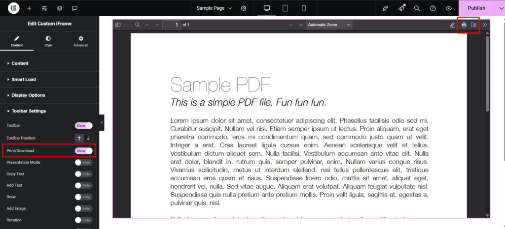 The image displays the settings panel in Elementor for customizing a PDF viewer. It includes options for "Toolbar Settings," where the "Print/Download" toggle is highlighted and set to "Show." Other toolbar features, such as "Presentation Mode," "Copy Text," "Add Text," "Draw," "Add Image," and "Rotation," are set to "Hide." On the right, the PDF viewer displays a sample PDF titled "Sample PDF," containing placeholder text. These settings streamline the process to add downloadable PDF in Elementor and customize its toolbar features.