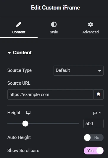 The image showcases the settings panel in Elementor for configuring "iframe full height." It features options to adjust the height dynamically and enable or disable scrollbars. Additional settings include toggle buttons for auto height and viewport adjustments, ensuring flexibility and responsiveness when embedding iframes. These intuitive controls make it seamless to configure Elementor iframe full height functionality within web designs.