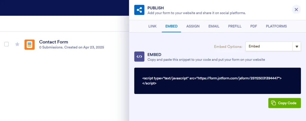 The image displays a web interface for embedding a contact form in Elementor. On the left, a "JotForm" with 0 submissions, created on April 23, 2025, is listed. On the right, under the "PUBLISH" tab and "EMBED" sub-tab, an embed code snippet is provided. A "Copy Code" button is positioned below the code. This interface simplifies the process to seamlessly embed JotForm in Elementor designs.