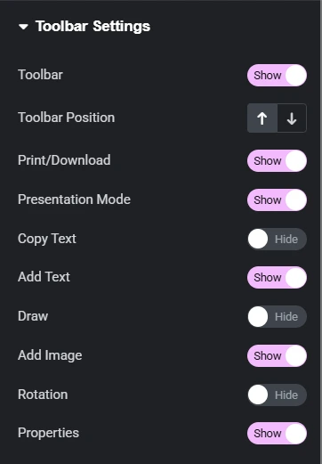 The image presents the "Toolbar Settings" section of a software interface, designed for embedding PDFs in Elementor. It includes various customization options with toggle switches and dropdowns to refine the toolbar's functionality and visibility. Features include toolbar display, position adjustment, print/download options, presentation mode, text copying, text addition, image insertion, rotation controls, and property views. These settings enhance the flexibility and control of embedding PDFs seamlessly into Elementor designs.