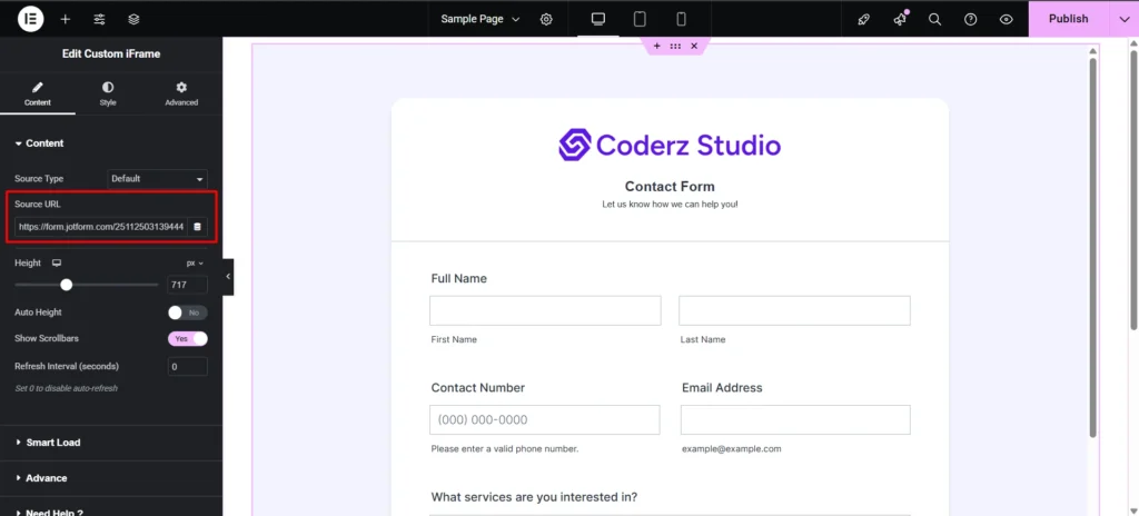 The image shows an example of embed JotForm in Elementor using the "Custom iFrame" widget. The settings on the left include the Source URL field populated with JotForm URL and additional configuration options like height, auto height, scrollbars, and refresh intervals. The right side displays an embedded JotForm titled "Coderz Studio Contact Form," featuring fields for Full Name, Contact Number, Email Address, and a services inquiry section. These features illustrate how to efficiently embed JotForm in Elementor for seamless form integration.