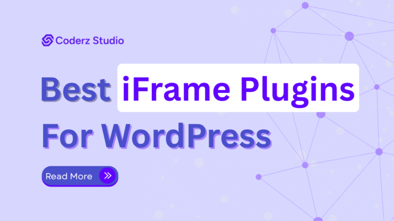 The image serves as the featured image for the blog post titled "Best iFrame Plugins for WordPress." It has a modern, tech-inspired design with a light purple background and a network-like pattern of connected dots and lines. The bold title text is displayed in shades of purple and white, emphasizing the blog's focus on iframe plugins. A "Read More" button in the bottom left corner, styled in purple with white text and a right-arrow icon, invites users to explore the content further.