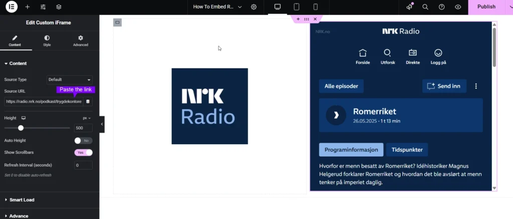 The image displays the Elementor editor interface for the Custom iFrame plugin, demonstrating how to Embed NRK Radio Podcast in Elementor. The Content tab is selected, showing the Source Type dropdown set to "Default" and the Source URL field, where an NRK Podcast link has been pasted. Below, settings for adjusting the iframe’s width, height, and aspect ratio are visible, allowing users to configure the embedded podcast player. The preview window on the right provides a real-time display of the NRK podcast interface. These settings help users seamlessly integrate and customize NRK podcasts within Elementor, ensuring accessibility and a smooth listening experience.