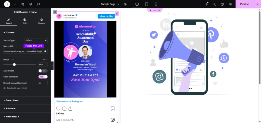 The image shows the Elementor editor interface for the Custom iFrame plugin, demonstrating how to embed Instagram reel in Elementor. On the left, the Content tab is active, displaying fields for Source Type, Source URL—populated with an Instagram reel link—along with height, auto height, scrollbars, and refresh interval settings. On the right, the live preview displays an embedded Instagram reel titled "Accessibility Awareness Day," featuring speaker Breandan Ward and a "Save Your Spot" call to action. These settings help users configure and preview how to embed Instagram reels seamlessly within Elementor designs.